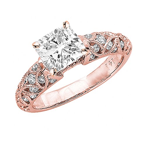 0.99 Carat 14K White Gold Vintage Style Channel Set Filigree Cushion Cut Diamond Engagement Ring (D 