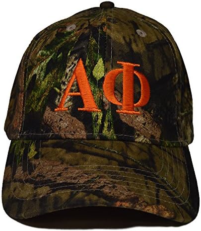 Alpha Phi Letter Design Woods Mossy Oak Camouflage Hat with Orange Thread Baseball Hat Camo