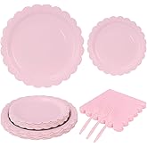 MUNILAIL 96 Pcs Light Pink Plates and Napkins Party Supplies Serve 24 Guests Including Pink Scalloped Paper Plates and Napkins Plastic Forks for Baby Shower Birthday Party Disposable Dinnerware Set