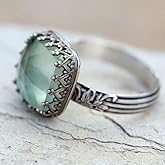Koguxuix Vintage Silver Mint Green Moonstone Ring 925 Sterling Silver Retro Princess Square Cut Green Moonstone Diamond Prehnite Gemstone Wedding Engagement Ring (Size 9)