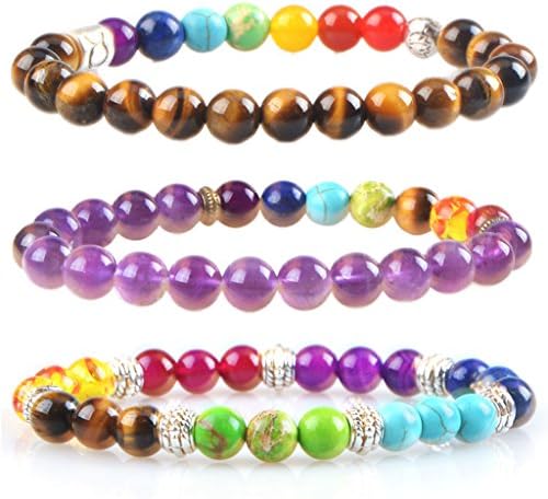 MIKINI Womens 7 Chakra Bracelets Black Onyx Amethyst Healing Energy Stone Mala Bracelets - Pack of 3