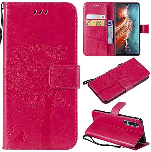 Flip Wallet Case for Huawei P30,Gostyle Leather Rose Red Case Embossed Tree Butterfly Flower Pattern,Bookstyle with Card Slots Magnetic Closure Stand Cover