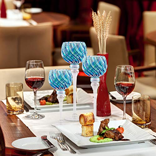 Hurricane Candle Holders Glass Set | 3-Piece Blue Tall & Attractive Votive, Pillar & Tealight Long Stem Candleholders | Ideal for Wedding Centerpiece, Home Decor, Parties, Table Settings & Gifts