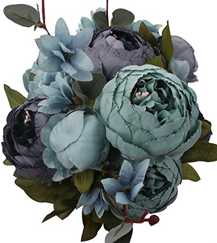 XIUER Vintage Artificial Flowers Fake Peony Flowers Bouquet Glorious Wedding Home Bridal Decoration (Blue)