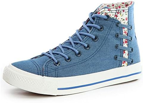 mewow Women's School Girl's Floral Casual Breathable Flat Denim Sneakers Canvas Shoes (5.5, High-top Blue)