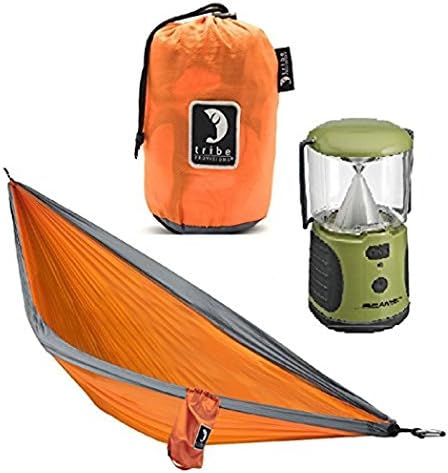 Camping Bundle with Tribe Provisions Durable Diamond Lock Rip-Stop Nylon Adventure Portable Hammock (Orange) And Mr. Beams MB470 UltraBright LED Camping Lantern (Green)