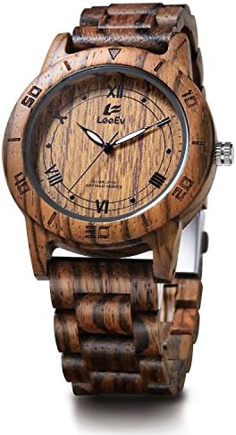 LeeEv EV2075 Mens Wood Watch for Men HandCrafted Zebra Sandal Wood Vintage Wooden Watches Mens Gifts (EV2075A)