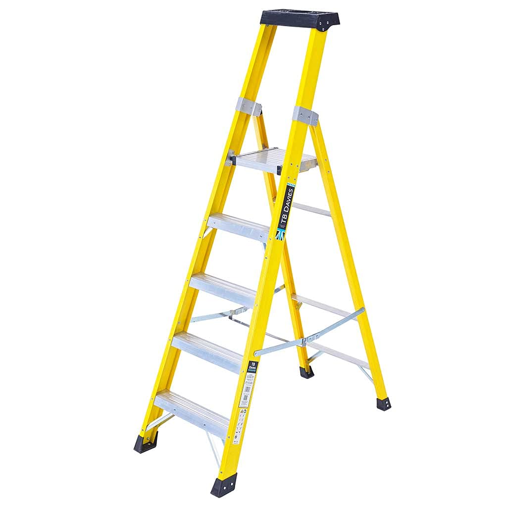 TB Davies 1236-005 Trade Electrician Platform Step Ladders, 5 Tread, Platform Height 1.2m, GRP Fibreglass, Built-in Tool Tray, 150kg Work Load, EN131