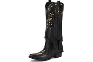 Bybmorto Cowboy Boots for Women - Fringe Knee High Cowgirl Boots with Classic Embroidery, Pointed Toe Pull on Retro Design, Perfect for Western Parties, Weddings and Events