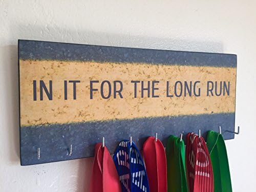 Race Medal Holder/Running Medal Hanger - IN IT FOR THE LONG RUN (pavement). Wood Wall Mounted Medal Organizer