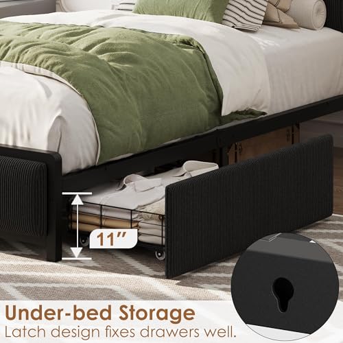 Twin Size Bed Frame with 2 Storage Drawers & USB Charging Station, Rustic Linen Upholstered Platform Bed, Heavy Duty No Box Spring Needed, Easy Assembly, Noise Free, Black