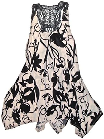 Chanceful Women's Sleeveless Casual Flowy Asymmetrical Hem Floral Lace Crochet Simple Tunic T-Shirt Dress Small Black/White