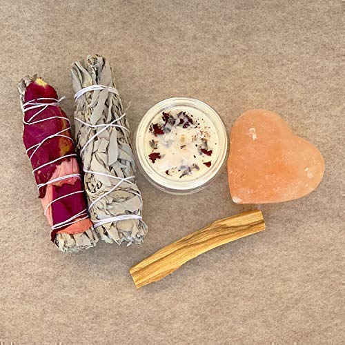 Loving Light Ritual KIT - Pure Himalayan Salt Heart, White Sage Wand, Sage Wand with Rose Petals, Palo Santo Stick, Love Candle Healing Incense, Love Attraction Ritual, Spiritual Love Cleansing
