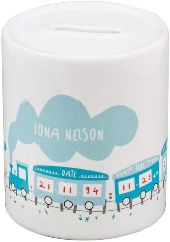 Personalised Baby Boy or Girl Presents - Perfect Christening, Baptism, Birth or 1st Birthday Gift (Train Money Box)