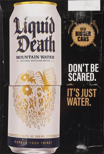 LIQUID DEATH, STILL MOUNTAIN WATER, 8-PACK (19.2OZ CANS), REAL MOUNTAIN SOURCE, INFINITELY RECYCLABLE ICE-COLD CANS, AMERICAN MADE