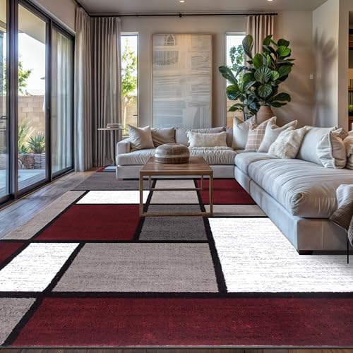 Rugshop Modern Geometric Boxes Red Area Rug, Fade-Resistant Carpet for Living R…