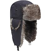 Winter Trapper Hats Unisex Faux Fur Hunting Hat Cold Weather Ski Cap Warm Windproof Trooper Hats with Ear Flaps Black