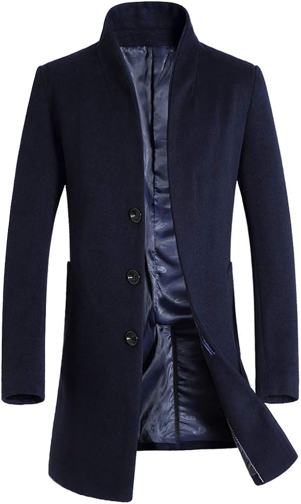 Uomini Casual Slim Fit Lana Cappotto Lungo Giacca Collo Trench Coat Semplice Petto Cappotto Inverno Caldo Capispalla, Nero , S
