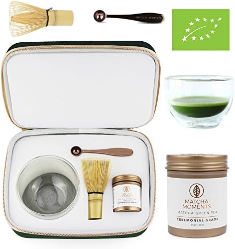 Matcha Tea Gift Set as seen in VOGUE Magazine with 30g Ceremonial Grade Organic Matcha from Japan + Authentic Bamboo whisk + Modern Double walled glass bowl + Measurement Spoon (Green)