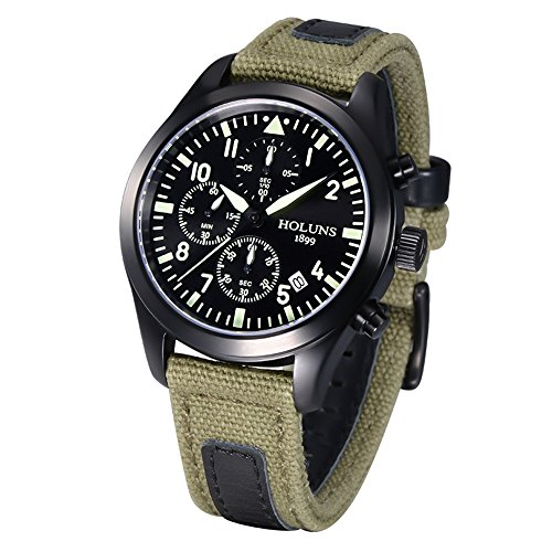 HOLUNS Men's Quartz Luminous Chronograph Canvas Wrist Watch Military Watch with Gift Box Polit Series