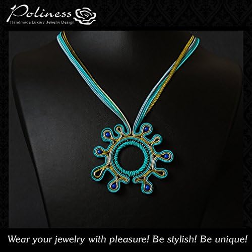 Pendant Necklace Blot Shaped Handmade Jewelry is Embroidery with soutache, glass and beads