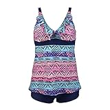 PZZ Women Geometry Retro Flower Printing Swimsuit Two Pieces Ruffle Straps Swimdress SPA Suits Tankini
