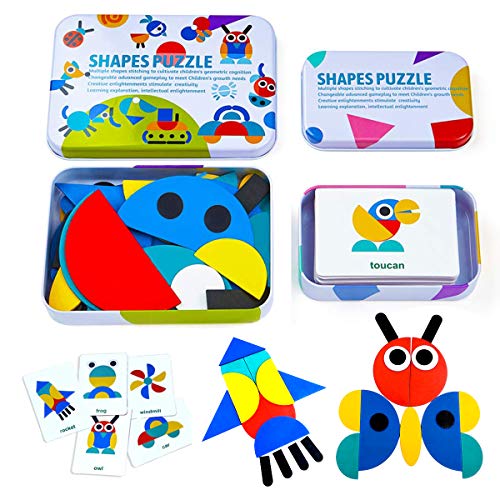 Wooden Pattern Blocks Animals Jigsaw Puzzle Sorting and Stacking Games Montessori Educational Fun Shape Tangram Toys for Toddlers Kids Boys Girls Gifts (36 Shape Pieces& 60 Design Cards in Iron Box)