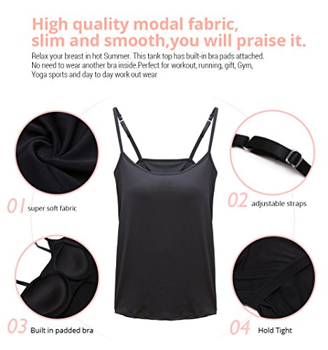 HBY Womens Camisole Built In Shelf Padded Bra Cami Bra Adjustable Straps Tank Top Solid Color Black Large