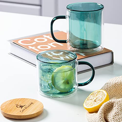 Farbe doppelwandige Gläser mit Griff und Deckel (275ml), Candiicap Thermogläser für Heißes & Kaltes Getränk, Kaffeegläser für Latte, Macchiato, Cappuccino, Cocktail, Tee