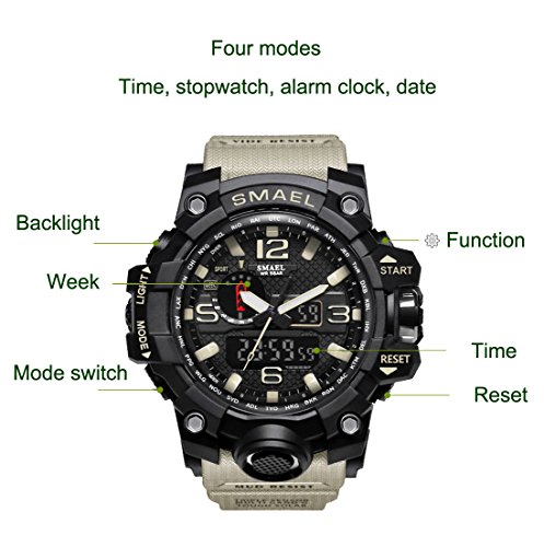 KXAITO Men's Sports Outdoor Waterproof Military Watch Date Multi Function Military LED Alarm Stopwatch (Beige) - Thumbnail 5