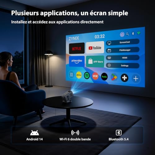 Video projector【Built-in App & Auto Keystone】 Android 14, Projector | NIX500 Mini Portable Video Projector Short Throw WiFi 6 Bluetooth 5.4 with 210° Rotation, Supports 4K 1080P Home Theater