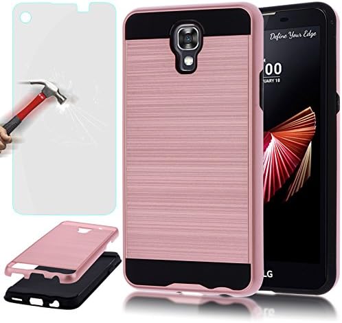 LG X Screen Case, LG K500N Case, AUU Slim Impact Hybrid Dual Layer Metal Brush Rugged Hard Armor Shockproof Drop Protection Case Cover Rose Gold