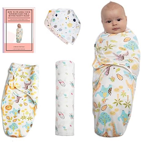 Baby swaddle Blanket Set By LoLo Sweet:Unisex Newborn Swaddle Wrap, Muslin Receiving Blanket And 2 Bandana Bibs -Organic Cotton