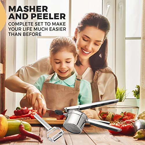 Stainless Steel Potato Ricer with Multi-Function Vegetable Peeler, Potato Stainless Steel Grinder for Mashed Potatoes, Fruits and More- 3 Interchangeable Discs, 2 Pack (Potato Ricer + Potato Peeler)