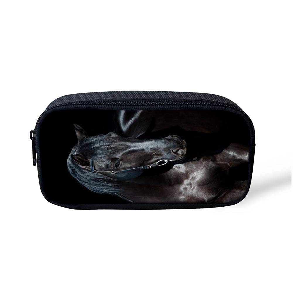 Kuiaobaty Pencil Case Pen Bag Storage Pouch Horse Prrint Organizer for Students Black Horse Zipper Pouch