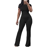 HBQ Women Two Piece Outfit Ribbed Short Sleeve V Neck Polo Top and Flare Pants Casual Lounge Sets Tracksuit