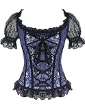Burvogue Women's Short Sleeve Gothic Steampunk Jacquard Corsets Tops (Medium, Blue)