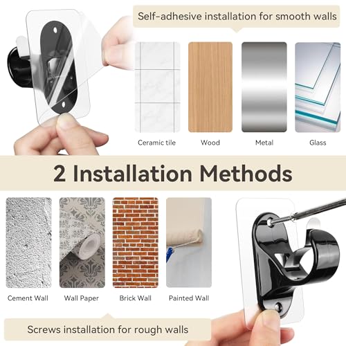 WEKIWGOT Curtain Rod Bracket, No Drilling, Strong Self Adhesive Fixing for Bathroom, Kitchen, Living Room, Dresser Bedroom (Black 6 Pieces)