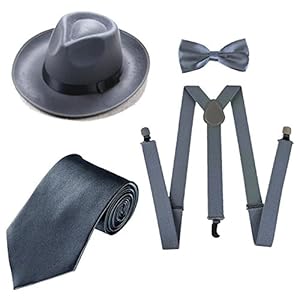 ZeroShop 1920s Mens Costume Accessory Set - Manhattan Fedora Hat, Suspenders Y-Back Elastic Trouser Braces,Pre Tied Bow Tie,Gangster Tie (Onesize, Grey)
