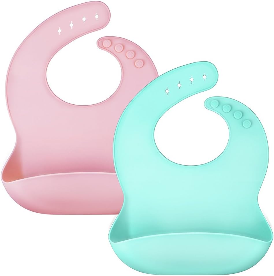 2Pcs Premium Waterproof Silicone Bib, Environmental Protection Comfortable Soft Baby Bibs, Pocket Bib for Boys Girls