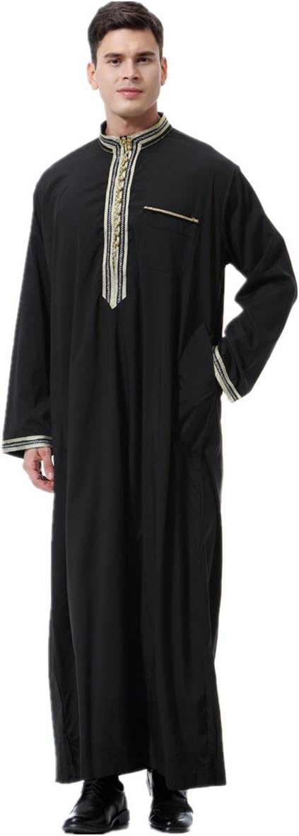Men's Long Sleeve Applique Stand Collar Robe Arab Muslim Ethnic Thobe Costume