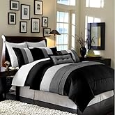 Chezmoi Collection Loft 8-Piece Luxury Striped Comforter Set (Full, Black/Gray/White)