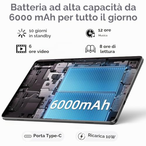 Tablet Android 15 da 10,1 pollici, 18GB RAM (6+12) 128GB ROM, T30 Octa-Core, espandibile fino a 1TB, WiFi 6, batteria da 6000mAh, display HD IPS 1280×800, GPS, Widevine L1, Tablet con Gemini AI, Nero