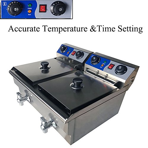 ZXMOTO 20L Commercial Double Deep Fryer Chip Chicken Frying Timer and Drain Stainless Steel