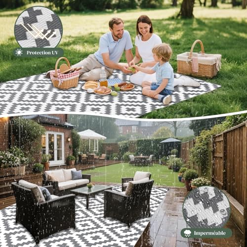 Mokani Rain Resistant Outdoor Rug for Patio, Deck, Beach, Picnic, Backyard (240 x 300 cm, Grey & White)