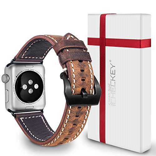 Apple Watch Band 42mm - ICHECKEY Genuine Leather iWatch Replacement Wristband Bracelet strap for iWatch Series 1, iWatch Series 2, iWatch Series 3 with Secure Metal Clasp Classic Buckle