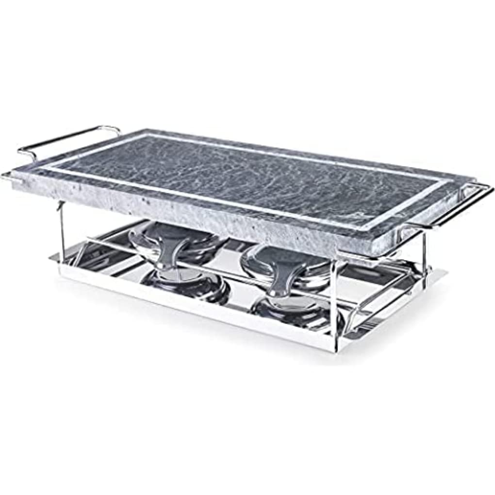 IBILI Grill Acero Inoxidable-Medidas 37 x 18 cm-Incluye Piedra con Soporte, Bandeja y 2 lamparillas, Plata (755000)