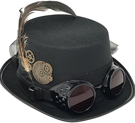 Kopper Tops Black Top Hat With Goggles and Feather, Steampunk Costume