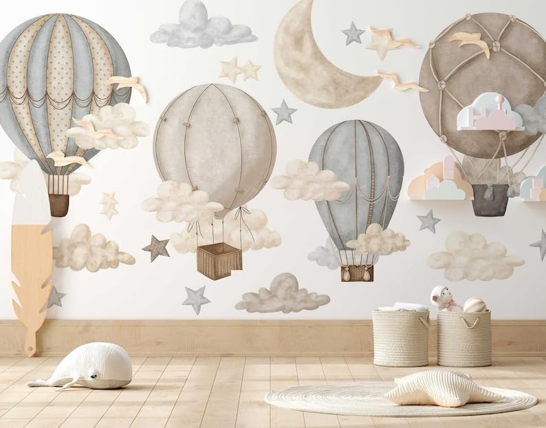 BelleImpression Hot Air Balloon Wall Stickers for Nursery Wall Decor, Removable Wall Decal Cloud Stickers for Kids Bedroom, Living Room, playroom - Neutral Large