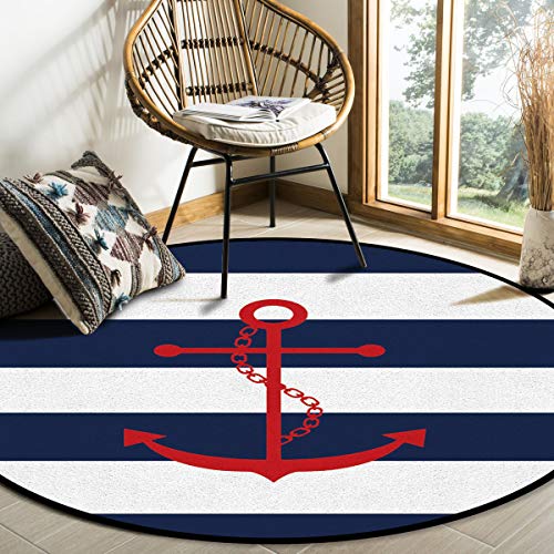 OneHoney-Round-Area-Rugs-Nautical-Red-Anchor-Sailor-Indoor-Entryway-Doormat-Throw-Runner-Rug-Floor-Carpet-Pad-Yoga-Mat-for-Living-Room-Bedroom-Blue-and-White-Stripes-3Feet OneHoney Round Area Rugs, Nautical Red Anchor Sailor Indoor Entryway Doormat Throw Runner Rug Floor Carpet Pad Yoga Mat for Living Room Bedroom Blue and White Stripes 3Feet